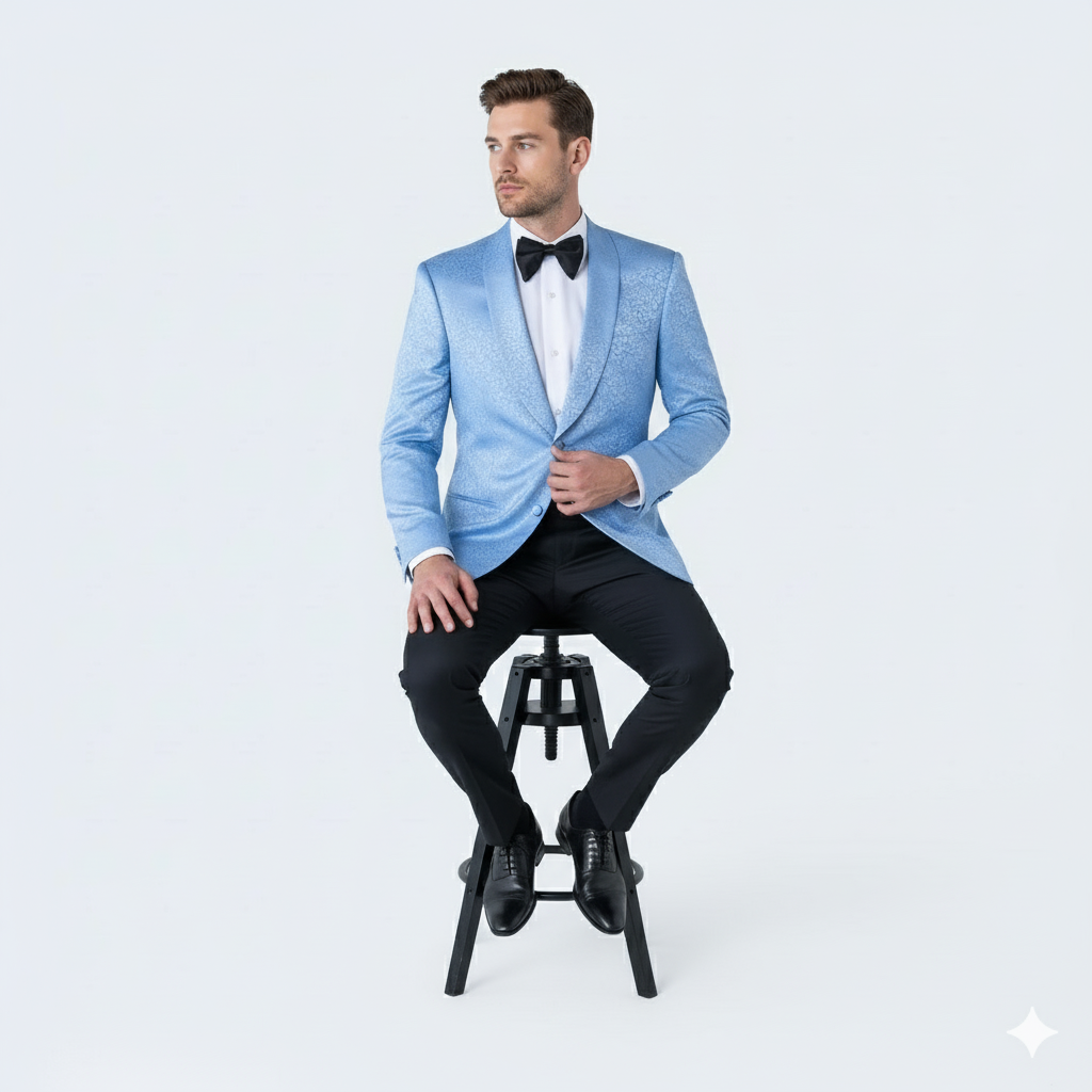 Men’s Light Blue Paisley Tuxedo Jacket – Elegant Satin Shawl Lapel Dinner Blazer for Weddings, Proms in Sky Powder Blue Color Bowtie