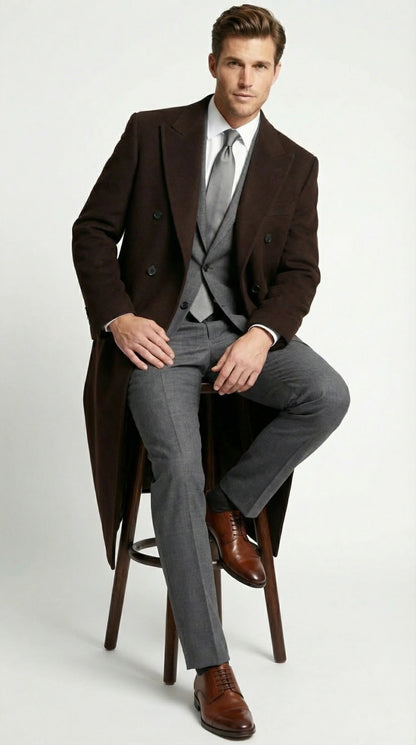 Men’s Brown Long Overcoat – Double Breasted Classic Formal Winter Coat for Business, Topcoat and Cold Weather Wear