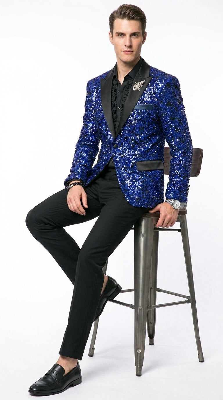 Men’s Blue Sequin Sparkle Blazer Jacket with Black Satin Lapel, Party Prom Wedding Dinner Coat