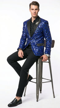 Men’s Blue Sequin Sparkle Blazer Jacket with Black Satin Lapel, Party Prom Wedding Dinner Coat