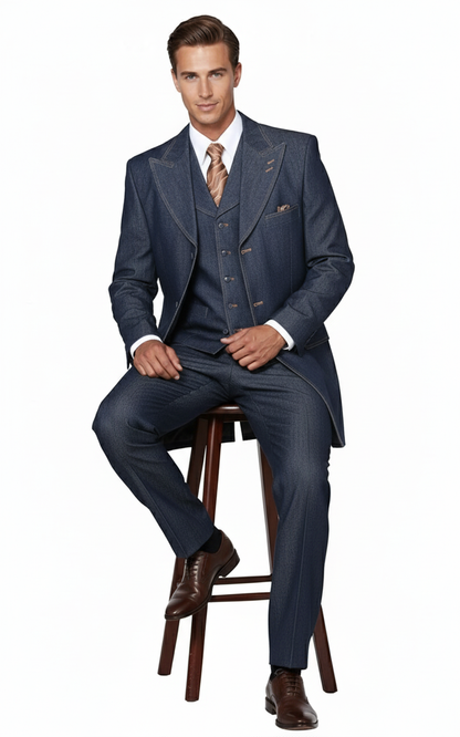 Men’s Cotton Denim Three-Piece Suit – Modern Blazer Denim Suit with Vest and Trousers Pleated Pants Classic Fit