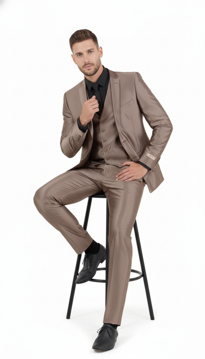 Men’s Sateen Shiny Metallic Mocca Taupe Gold Bronze 3-Piece Suit Set – Shiny Finish slim Fit Formal and Party Suit