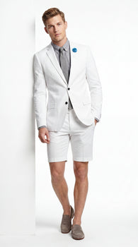Men’s Cotton Fabric White 2 Piece Summer Suit with Shorts, Casual Beach Wedding and Resort Formal Outfit