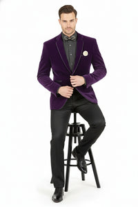 Men’s Purple Velvet Blazer – Luxury Slim Fit Formal Jacket with Black Satin Trim Tuxedo Dinner Jacket