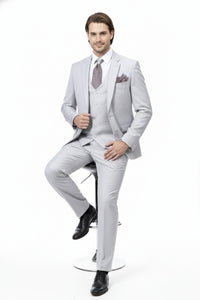 Men’s Very Light Gray Three-Piece  Wedding Suit 2 Buttons Modern or Slim Fit  Ash Bone Color Steel Grey