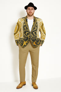 Men’s Black and Gold Baroque Blazer with Matching Pants, Hat, and Shoes – Luxury Party and Wedding Outfit Set