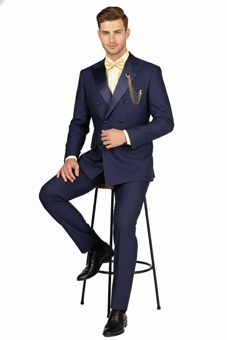 Men’s Navy Blue Double-Breasted Tuxedo with navy Satin Peak Lapel Wedding Suit