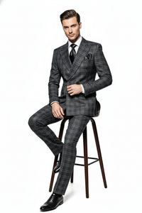 Men’s Charcoal Plaid Double-Breasted Suit –  Tailored Pants Windowpane Pattern By Rossiman