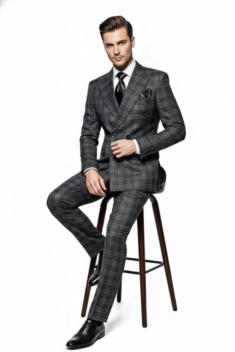 Men’s Charcoal Plaid Double-Breasted Suit –  Tailored Pants Windowpane Pattern By Rossiman