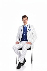 Men’s White and Royal Blue Pinstripe 3-Piece Suit – Classic Fit Blazer with Vest, Pants, and Tie