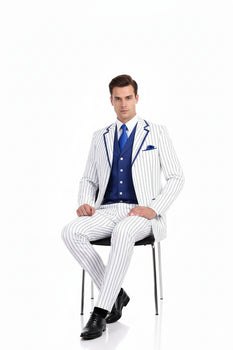 Men’s White and Royal Blue Pinstripe 3-Piece Suit – Classic Fit Blazer with Vest, Pants, and Tie