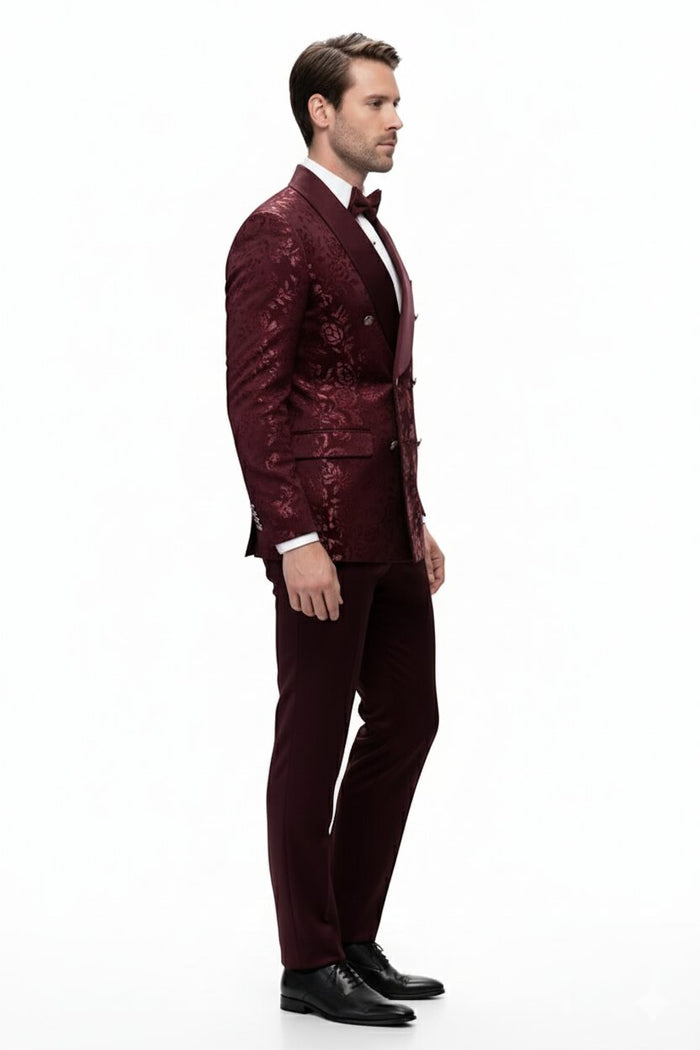 Men’s Burgundy Floral Jacquard Tuxedo Dinner Jacket – Paisley Velvet Lapel Formal Wear for Wedding and Prom