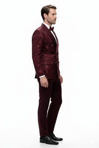 Men’s Burgundy Floral Jacquard Tuxedo Dinner Jacket – Paisley Velvet Lapel Formal Wear for Wedding and Prom