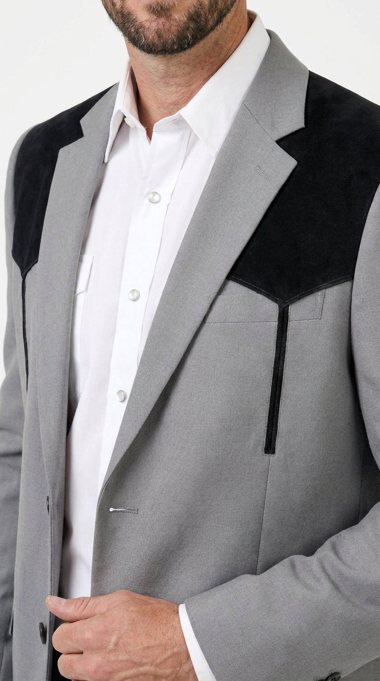 Men’s Grey Western Blazer with Black Suede Yoke – Cowboy Sport Coat for Rodeo, Country Wedding & Ranch Wear