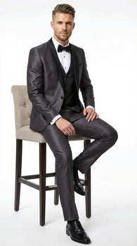 Men’s Shiny Sateen Charcoal Gray Tuxedo 3 Piece Suit with Black Shawl Lapel | Formal Wedding Prom Suit Sharkskin