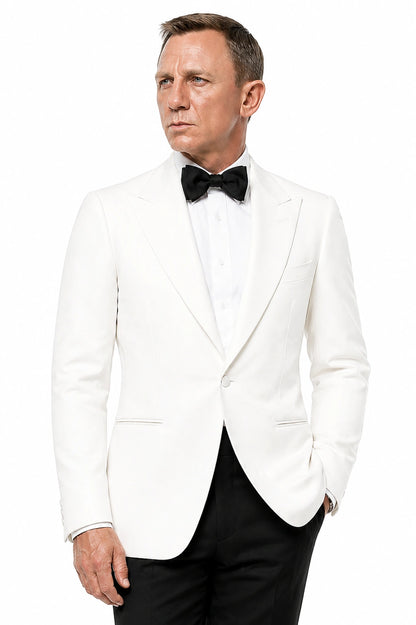 Men’s Pure White Dinner Jacket Blazer – James Bond Style Formal Tuxedo Blazer for Wedding, Black Tie & Evening Wear