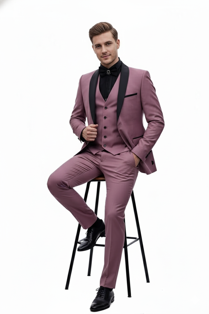 Men's Rose Pink Tuxedo Suit – Luxury Three-Piece Formal Wear with Black Satin Lapel Dusty Mauve Color - Image 4