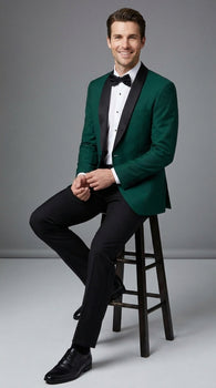 Men’s Emerald Green Tuxedo Jacket with Black Satin Shawl Lapel | Prom Dinner Blazer