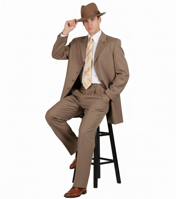 Men’s 1920s Tan Zoot Suit with Fedora Hat and Wingtip Shoes – Vintage Gangster 3-Piece Long Jacket Suit