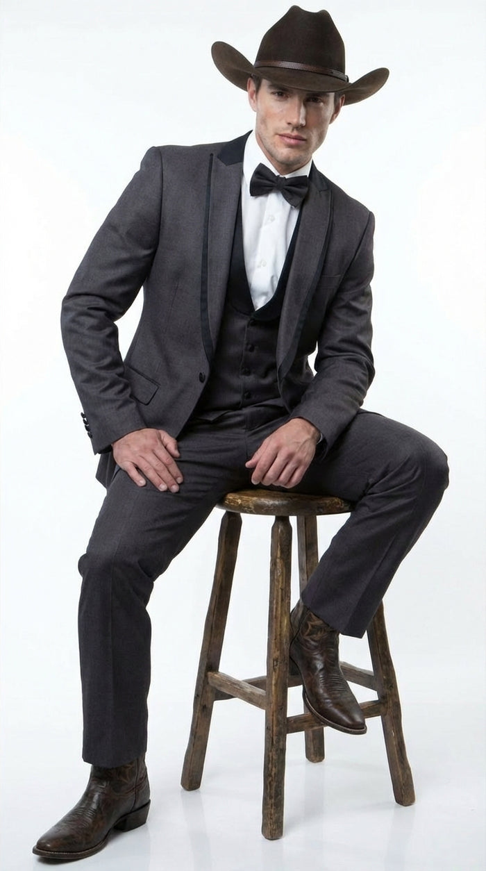 Charcoal Gray Western Tuxedo for Men | Classic Three Piece Formal Wedding and Evening Cowboy Tuxedo Suit With Trim Peak Lapel - Image 6