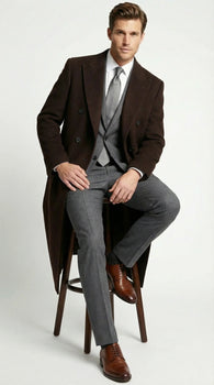 Men’s Brown Long Overcoat – Double Breasted Classic Formal Winter Coat for Business, Topcoat and Cold Weather Wear