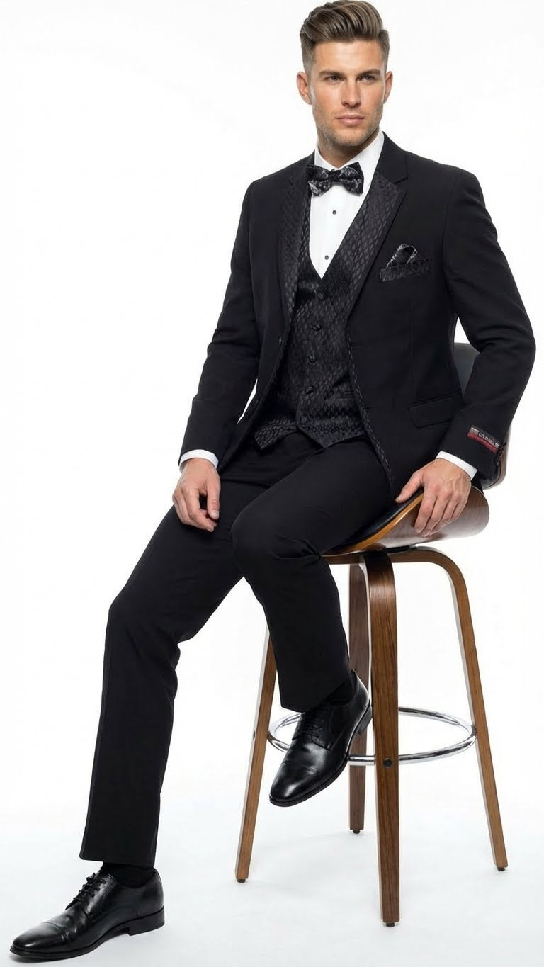 Men's Black Vested Tuxedo Suit with Patterned Lapel – Classic Formal Suit for Wedding, Party and Evening Events - Image 4