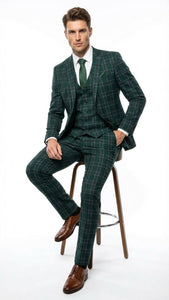 Men's Dark Green Plaid 3 Piece Suit – Checkered Suit Set for Wedding, Windowpane Tartan Fabric - Ultra Slim Fit - Image 3