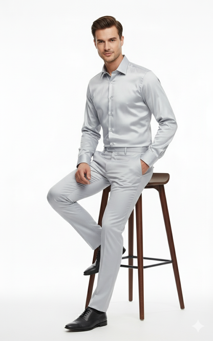 Men’s Silver Satin Dress Shirt  – Luxury Slim Fit Outfit for Parties, Weddings, and Formal Events