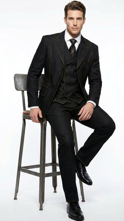 Men's Black Denim Fabric Suit – Classic Three Piece Denim Suit for Wedding, Prom and Church Wear - Image 4