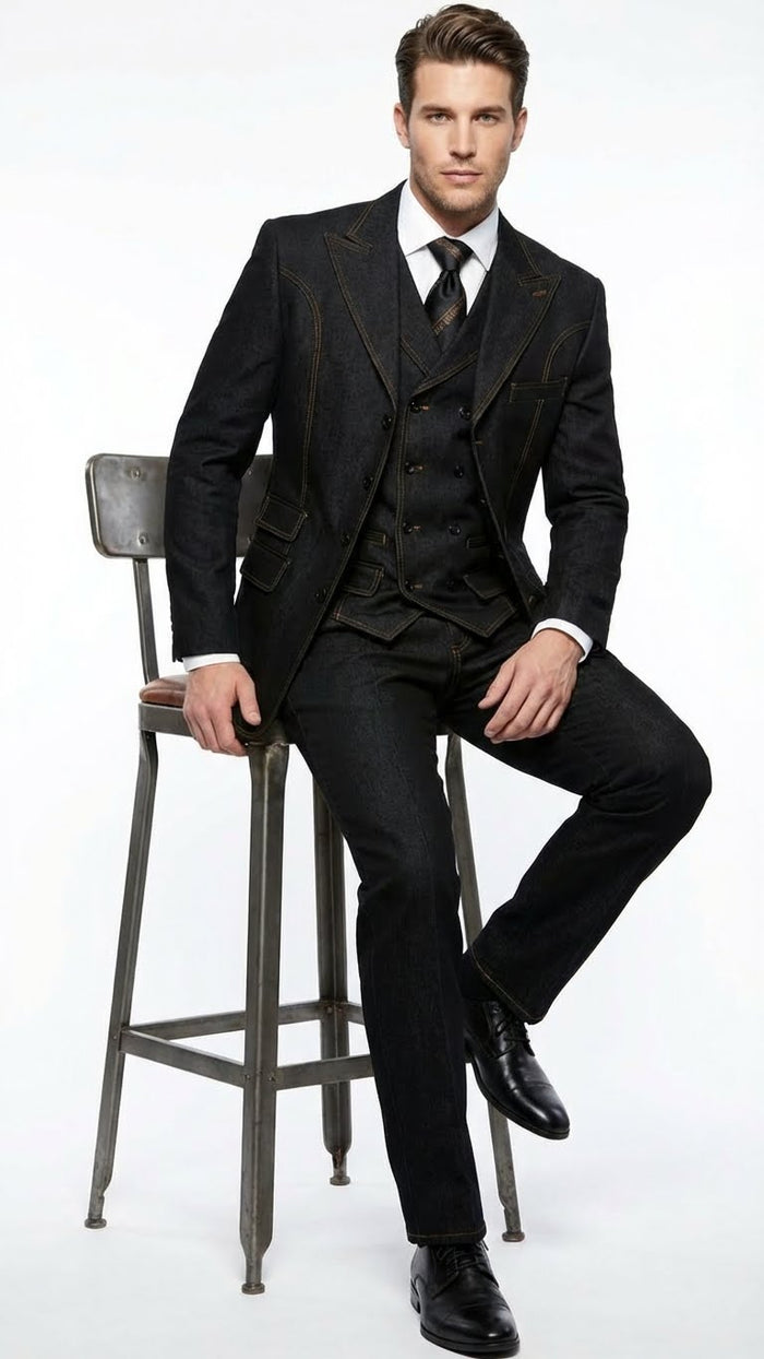 Men's Black Denim Fabric Suit – Classic Three Piece Denim Suit for Wedding, Prom and Church Wear - Image 4