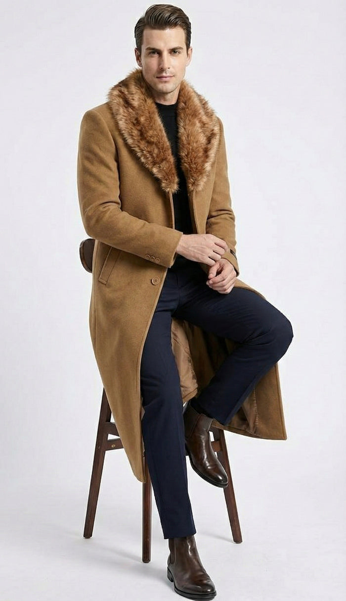 Men's Camel Brown Long Overcoat with Faux Fur Collar, Classic Winter Topcoat for Formal and Business Wear - Image 4