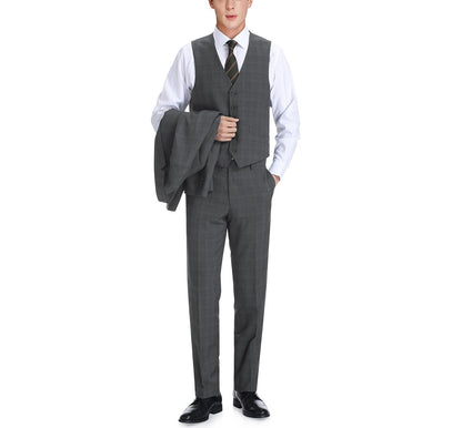 Designer Suit 278-1 Men's 3-Piece Classic Fit Single Breasted Windowpane Suit