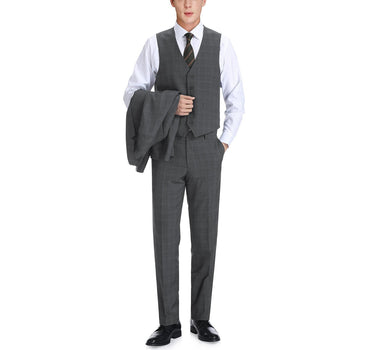 Designer Suit 278-1 Men's 3-Piece Classic Fit Single Breasted Windowpane Suit