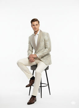 Men’s Champaign Silver and Cream Embroidered Luxury Blazer – Floral Pattern Wedding & Party Dinner Jacket in Light Tan Color