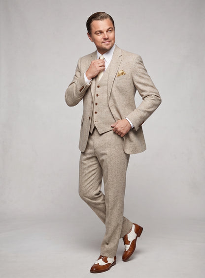 Men’s Light Tan Tweed Great Gatsby 3 Piece Suit – Vintage Vested Wedding Suit, 1920s Classic Formal Outfit Herringbone