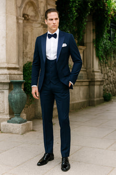 Men’s Navy Blue Tuxedo with Satin Peak Lapel with navy sateen  – 3 Piece Formal Suit with Vest and Bow Tie