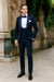 Men’s Navy Blue Tuxedo with Satin Peak Lapel with navy sateen  – 3 Piece Formal Suit with Vest and Bow Tie