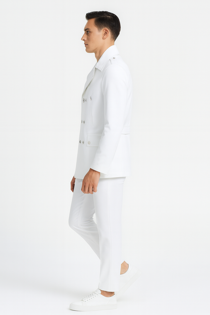 Men’s White Double-Breasted Peacoat Jacket – Classic Stylish Outerwear Wool Fabric Slim Fitted