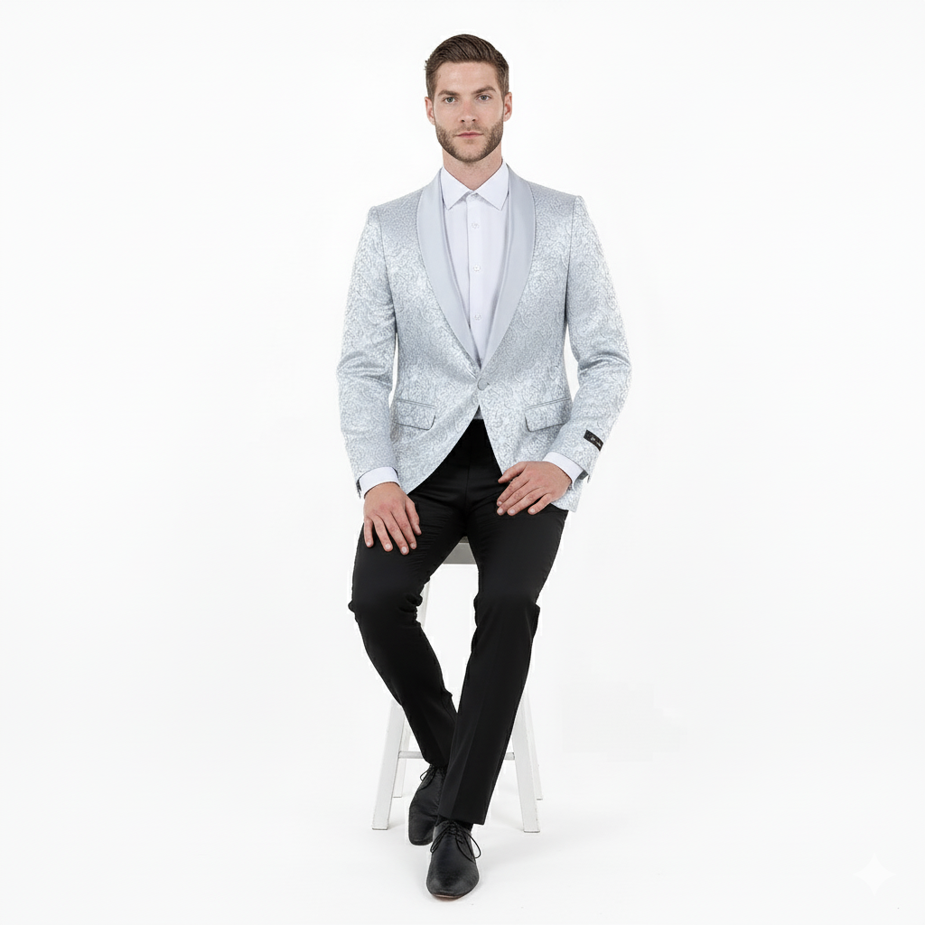 Big and Tall Men’s Silver Gray Paisley Tuxedo Jacket – Satin Shawl Lapel Blazer for Weddings, Proms, and Formal Events - Image 5