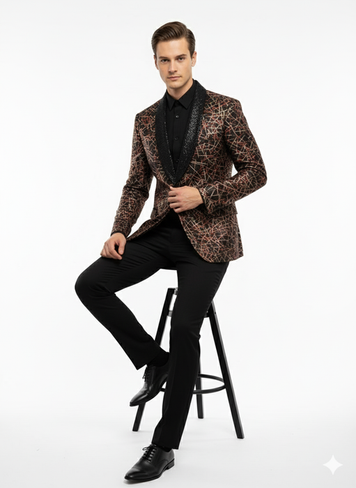Men’s Black Shiny Designer Blazer with Red and Gold Pattern – Luxury Party & Wedding Jacket