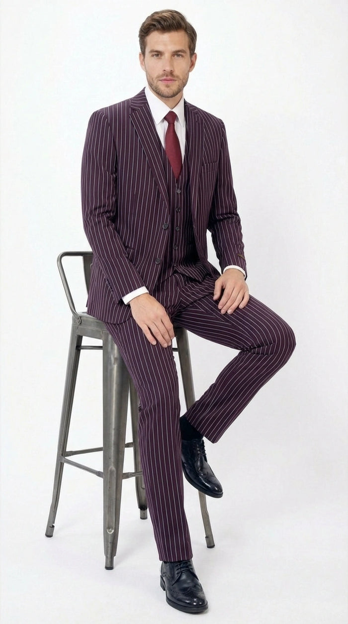 Men’s Plum Eggplant Pinstripe 3 Piece Suit – Burgundy Purple Formal Suit  Gangster 1920s Mafia Pimp Suit Modern Fit