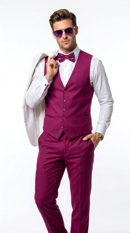 White and Burgundy Tuxedo Wedding Suit for Men – White Dinner Jacket with Burgundy Vest, Pants and Bow Tie
