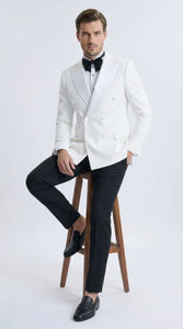 Men’s White Double Breasted Dinner Jacket Blazer with Black Pants – Formal Tuxedo Style Outfit for Weddings