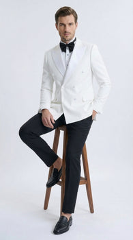 Men’s White Double Breasted Dinner Jacket Blazer with Black Pants – Formal Tuxedo Style Outfit for Weddings