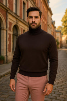 Men's Brown Turtleneck Sweater – Classic Slim Fit Knit Pullover for Fall and Winter - Image 4