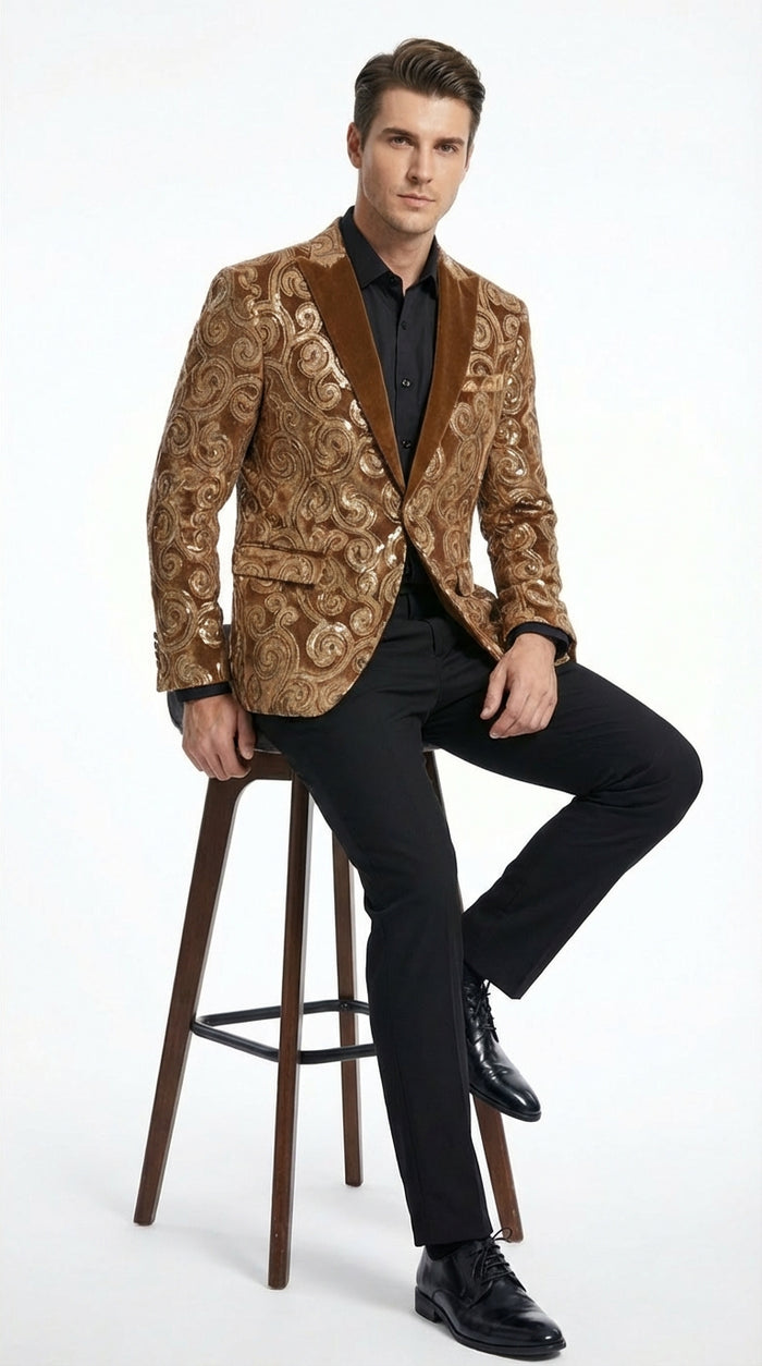 Men's Light Brown & Gold Baroque Embroidered Blazer Jacket | Tuxedo Dinner Jacket - Image 4