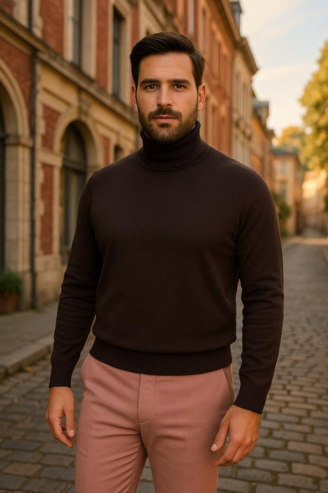Men's Brown Turtleneck Sweater – Classic Slim Fit Knit Pullover for Fall and Winter
