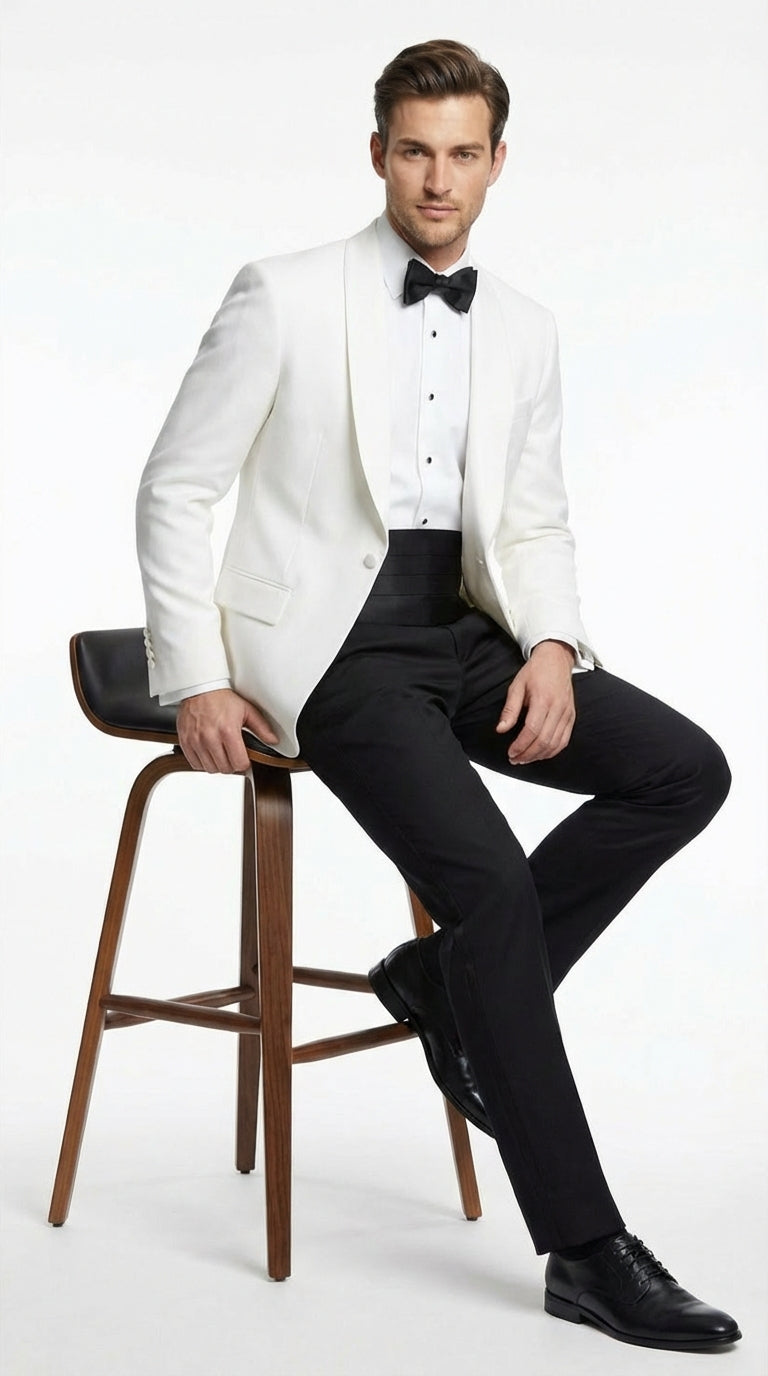Men's White Dinner Jacket Tuxedo Blazer with Black Satin Shawl Lapel  With Black Tuxedo Pants - Image 4