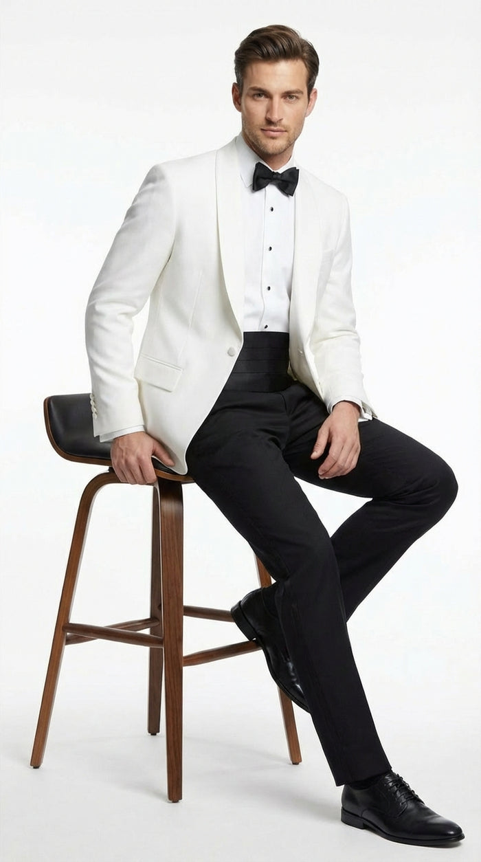 Men's White Dinner Jacket Tuxedo Blazer with Black Satin Shawl Lapel  With Black Tuxedo Pants - Image 4