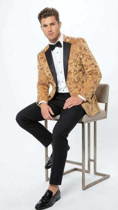 Men’s Yellow Gold Baroque Pattern Tuxedo Blazer Suit – Party and Wedding Jacket Prom Paisley Black Pants